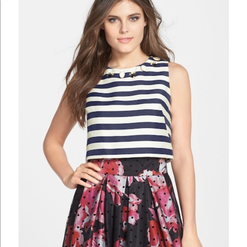 Eliza J Embellished Crop Top Blue White Strip 6